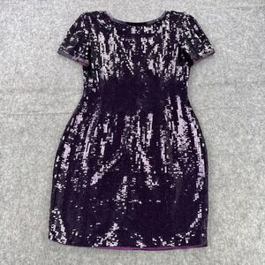 AJ Bari Dress Womens 8 Purple Sequin Silk Short Sleeve V Neck Cocktail